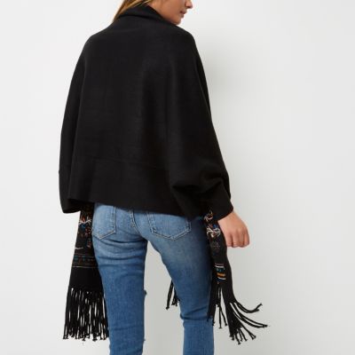 Black knitted embroidered cardigan with scarf
